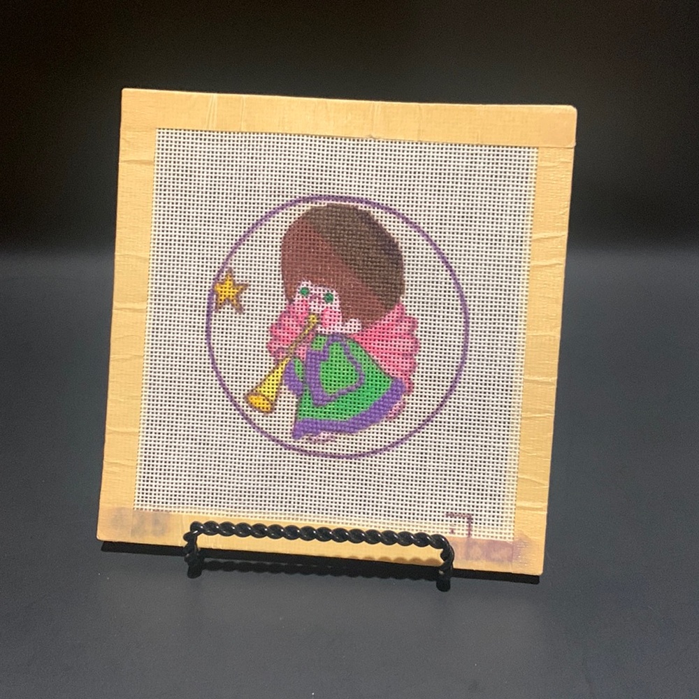 Vintage Needlepoint Canvas Angel Partially Complete